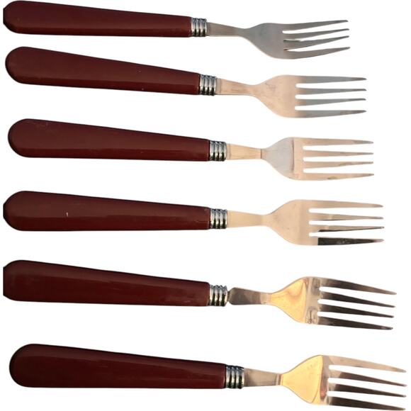 Set of 6 forks with burgundy handles..stainless steel - Picture 1 of 2